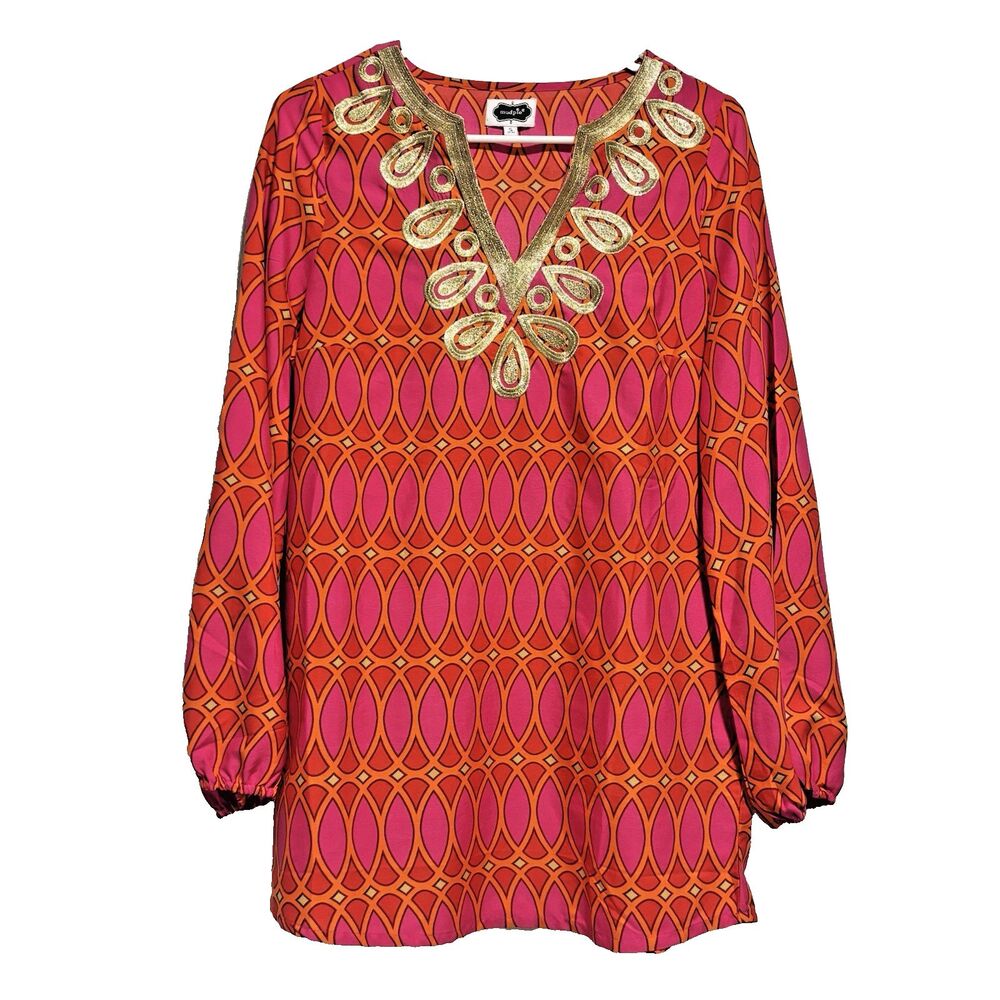 MUDPIE Embroidered Colorful Pink Orange Gold Balloon Sleeve Cover Up Tunic Sz S